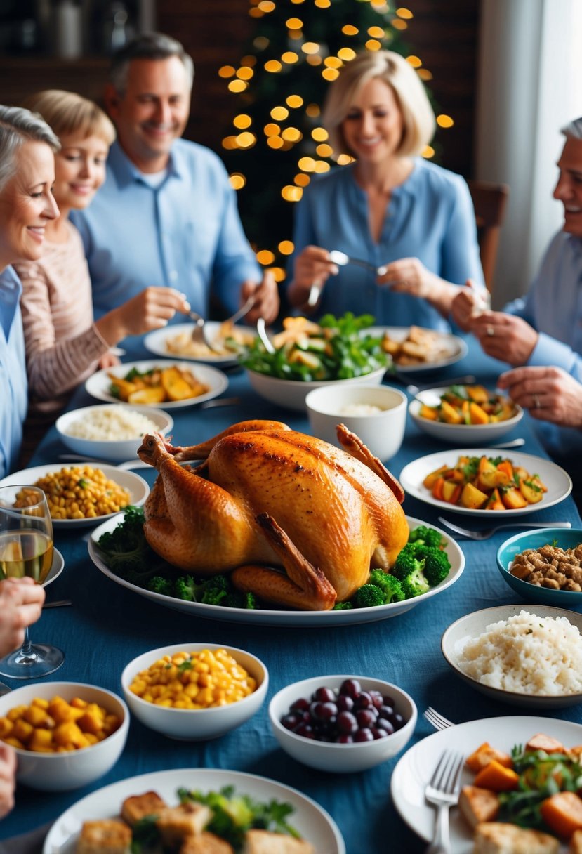 A table set with a roasted chicken surrounded by various side dishes and family members gathered around to enjoy a meal together