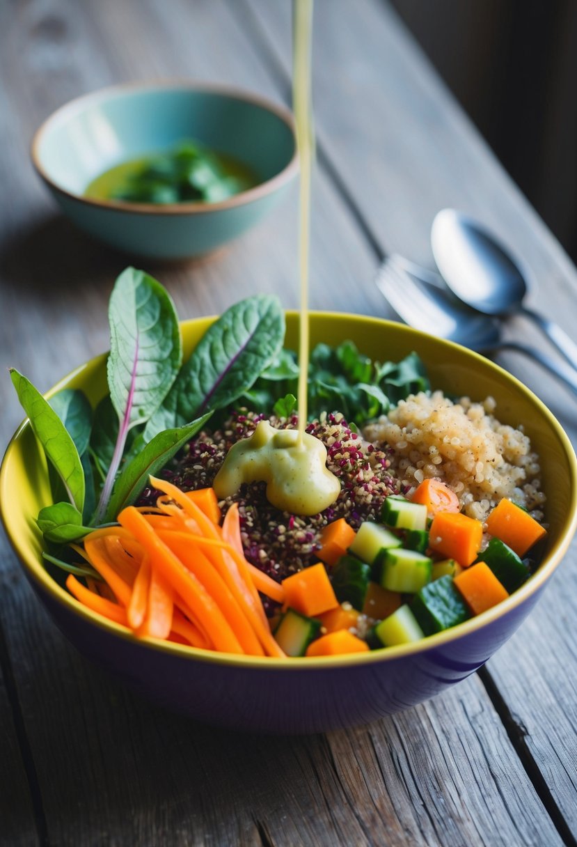 A colorful bowl filled with fresh purslane leaves, quinoa, and assorted vegetables, topped with a drizzle of vinaigrette