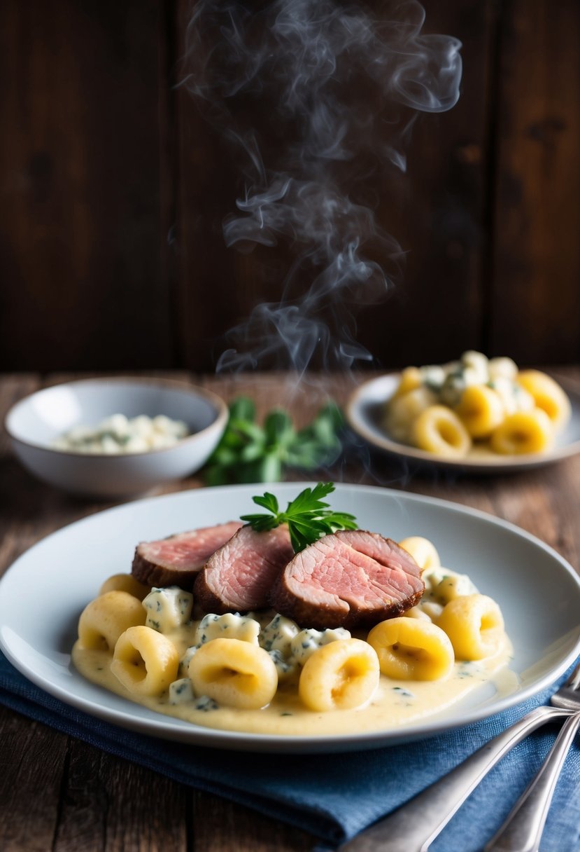 A steaming plate of gnocchi with blue cheese sauce, topped with sliced sirloin, sits on a rustic wooden table