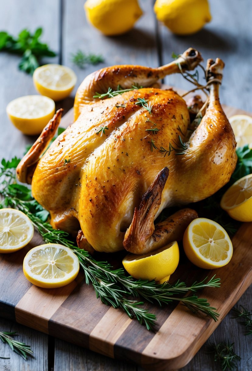 A whole roasted chicken surrounded by fresh lemon slices and herbs on a rustic wooden cutting board