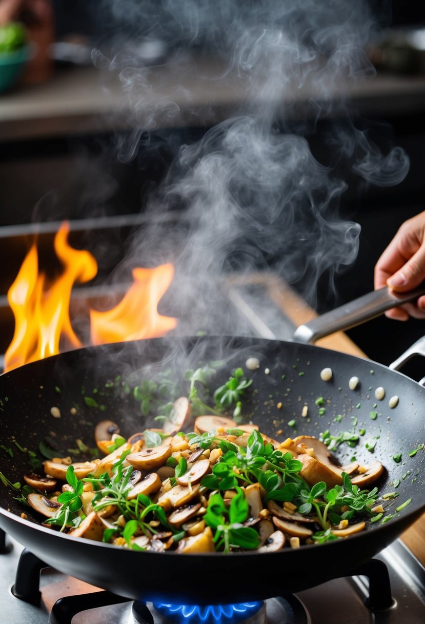 A wok sizzles with vibrant purslane, mushrooms, and garlic. Steam rises as the ingredients are tossed together over a hot flame