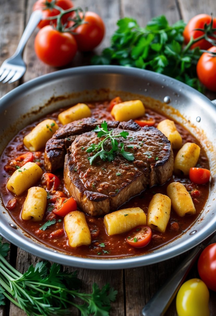 A sizzling steak and gnocchi in rich marinara sauce on a rustic wooden table, surrounded by fresh herbs and tomatoes