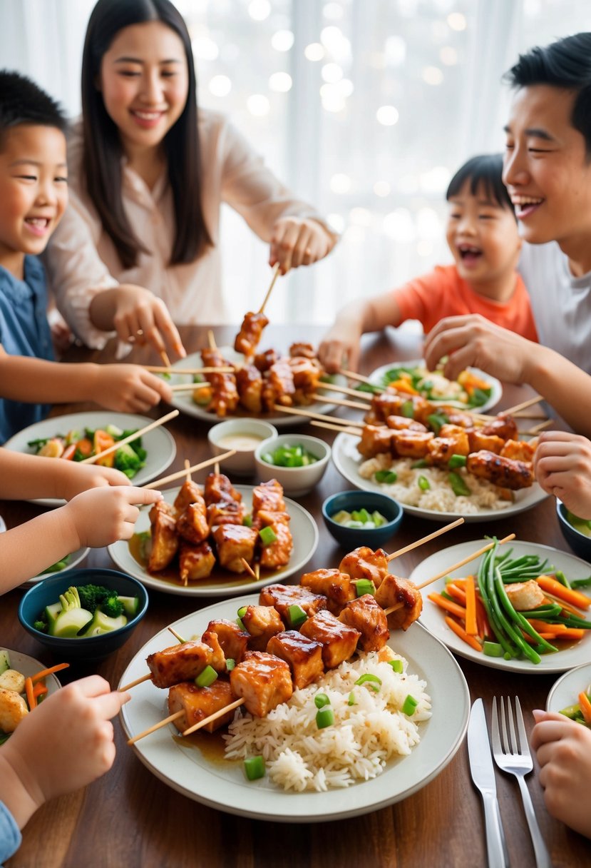 A table set with teriyaki chicken skewers, rice, and vegetables, surrounded by a family eagerly reaching for the delicious meal