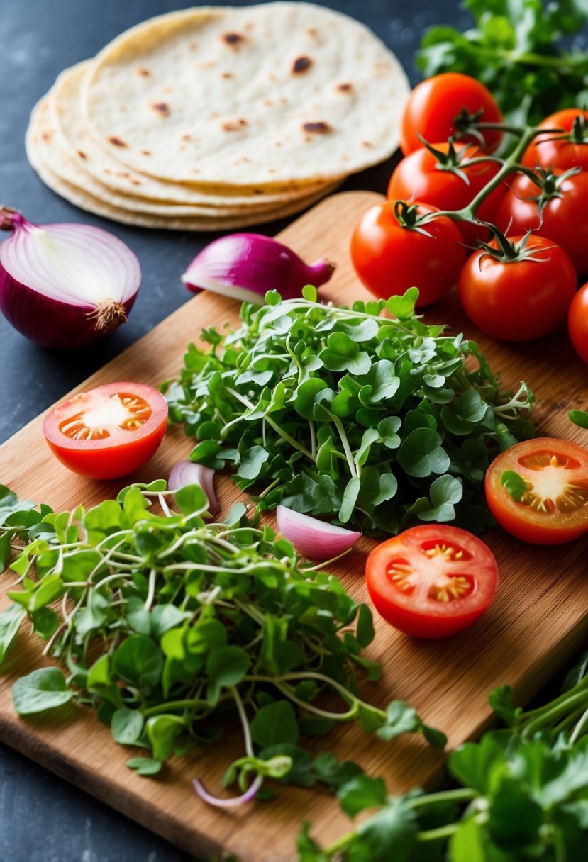 A colorful array of fresh purslane, tomatoes, onions, and tortillas laid out on a wooden cutting board, ready to be made into purslane tacos