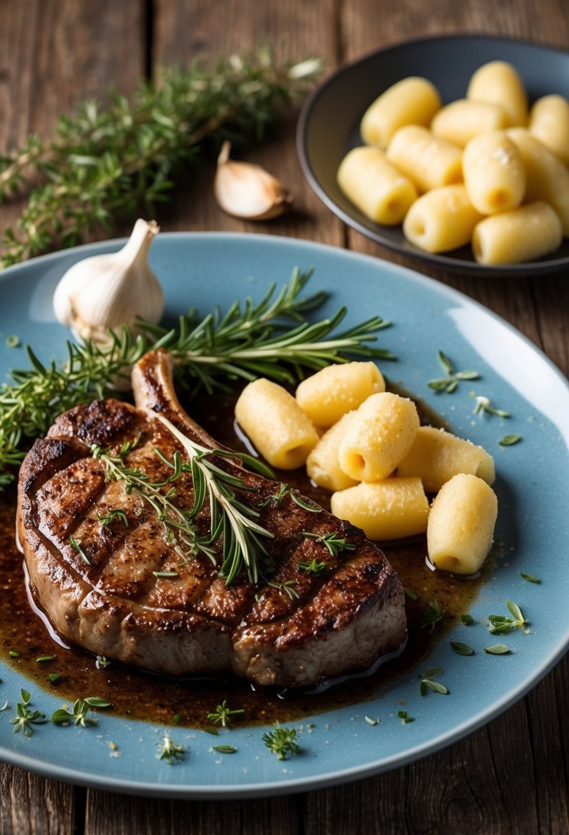 A sizzling steak with thyme and rosemary sits next to a plate of parmesan gnocchi, surrounded by fresh herbs and garlic cloves