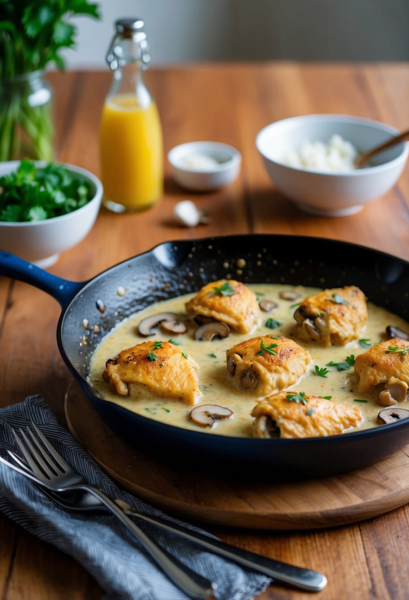 A sizzling skillet of creamy garlic mushroom chicken on a family dinner table