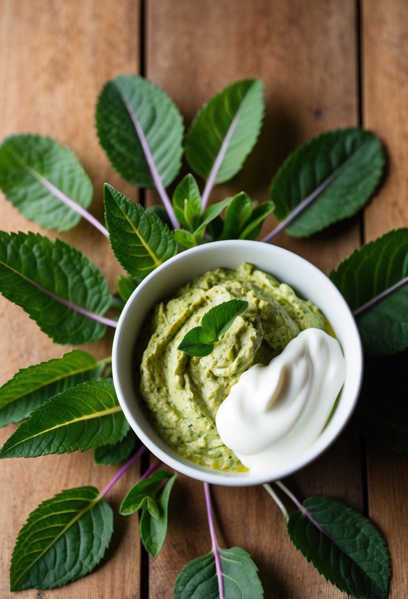 A bowl of purslane Greek yogurt dip surrounded by fresh purslane leaves and a dollop of yogurt on a wooden table