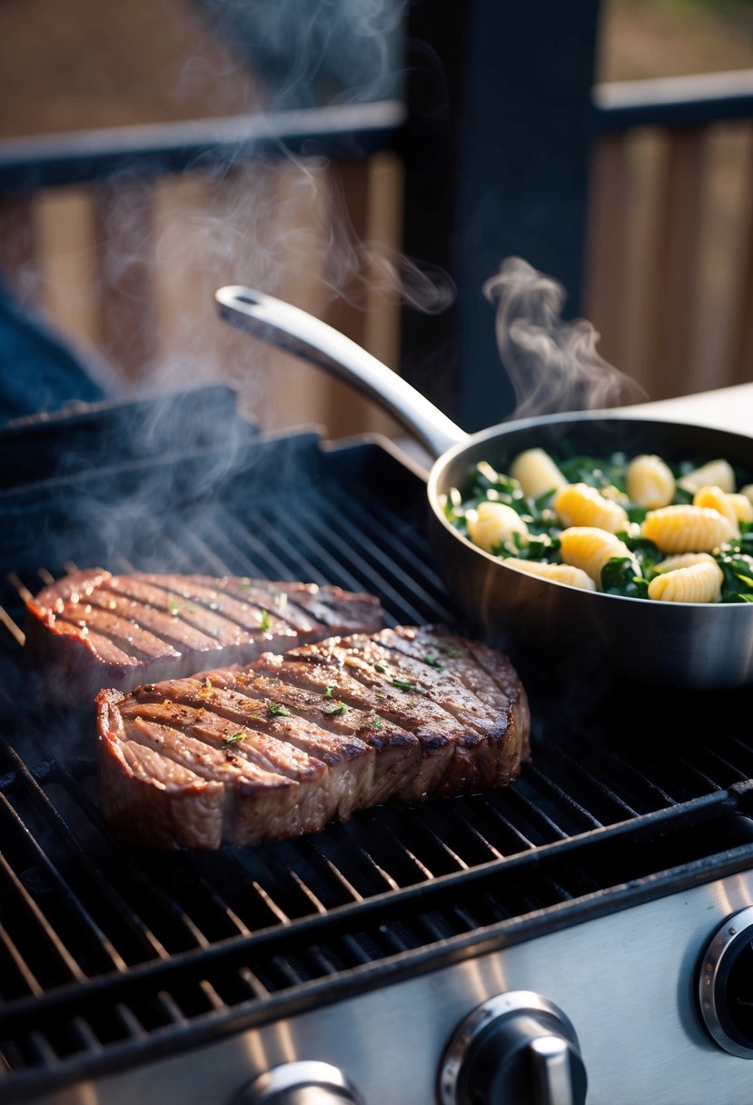 A sizzling flank steak rests on a grill next to a pan of spinach gnocchi, steam rising from both dishes