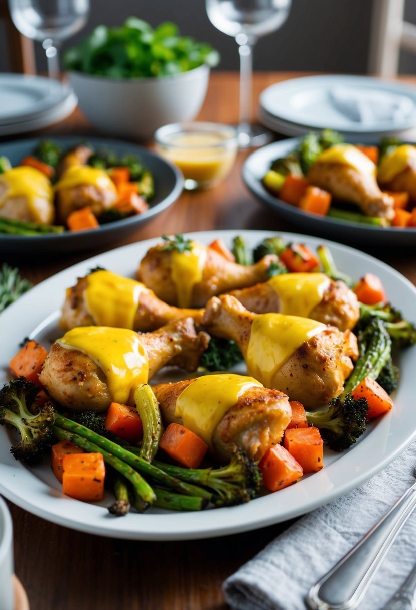 A platter of honey mustard baked chicken drumsticks surrounded by roasted vegetables on a family dinner table