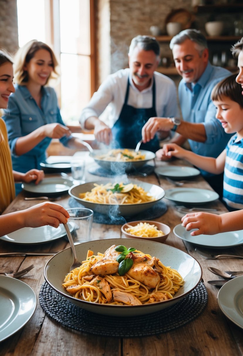 A rustic kitchen table set with a steaming bowl of Tuscan chicken pasta, surrounded by family members eagerly reaching for their plates