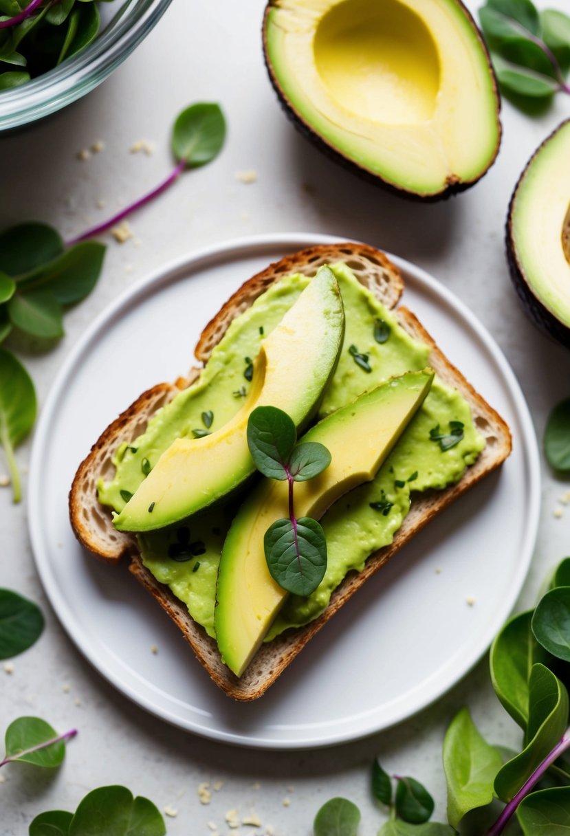 A slice of toast topped with avocado and purslane leaves, surrounded by fresh ingredients