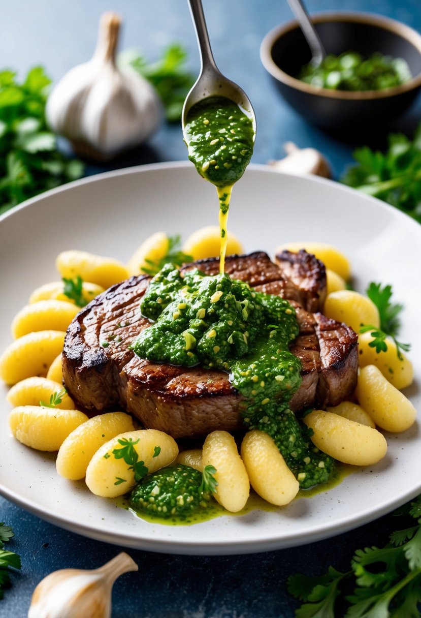 A sizzling steak sits atop a bed of pillowy gnocchi, drizzled with vibrant green chimichurri sauce, surrounded by fresh herbs and garlic cloves