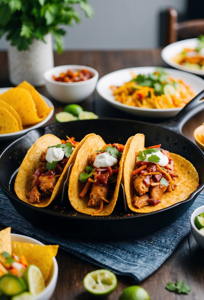 A sizzling skillet of BBQ chicken tacos surrounded by colorful toppings on a family dinner table