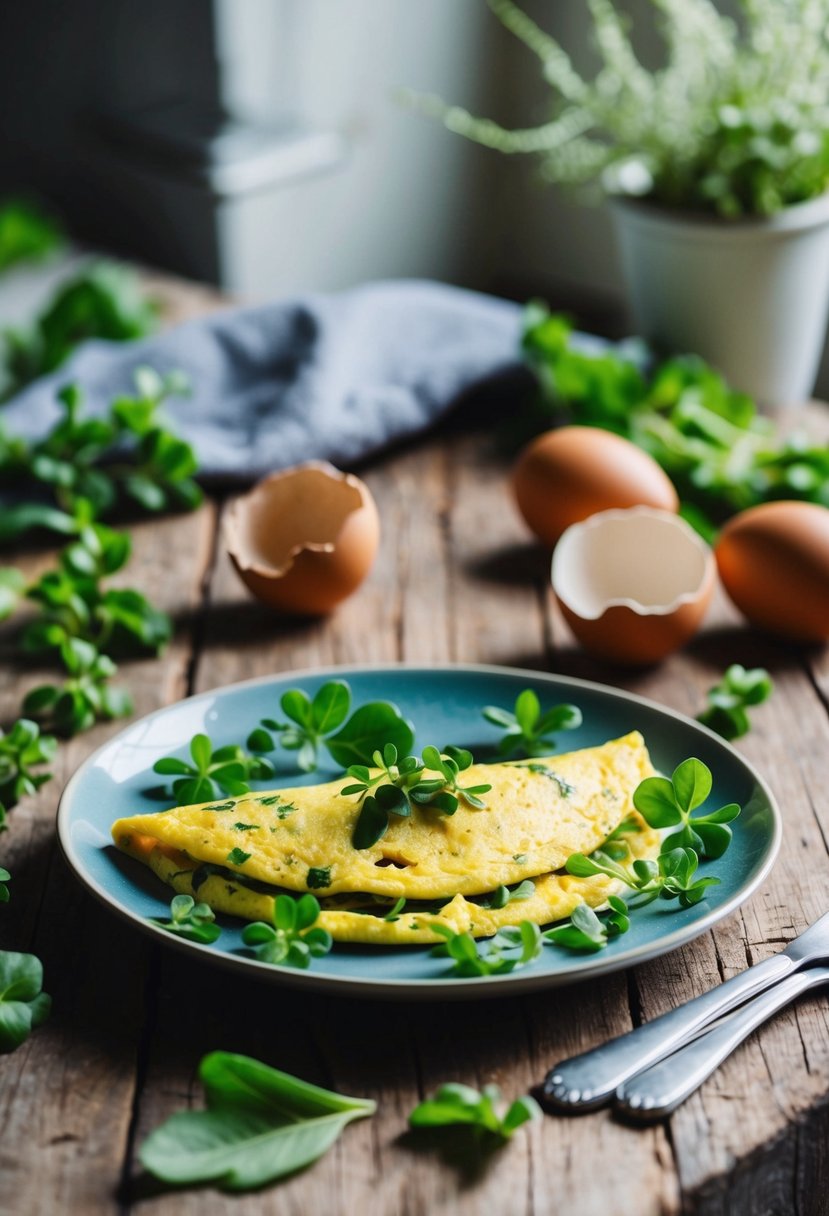 A rustic kitchen with a wooden table holding a plate of purslane omelette, surrounded by fresh purslane leaves and a cracked eggshell