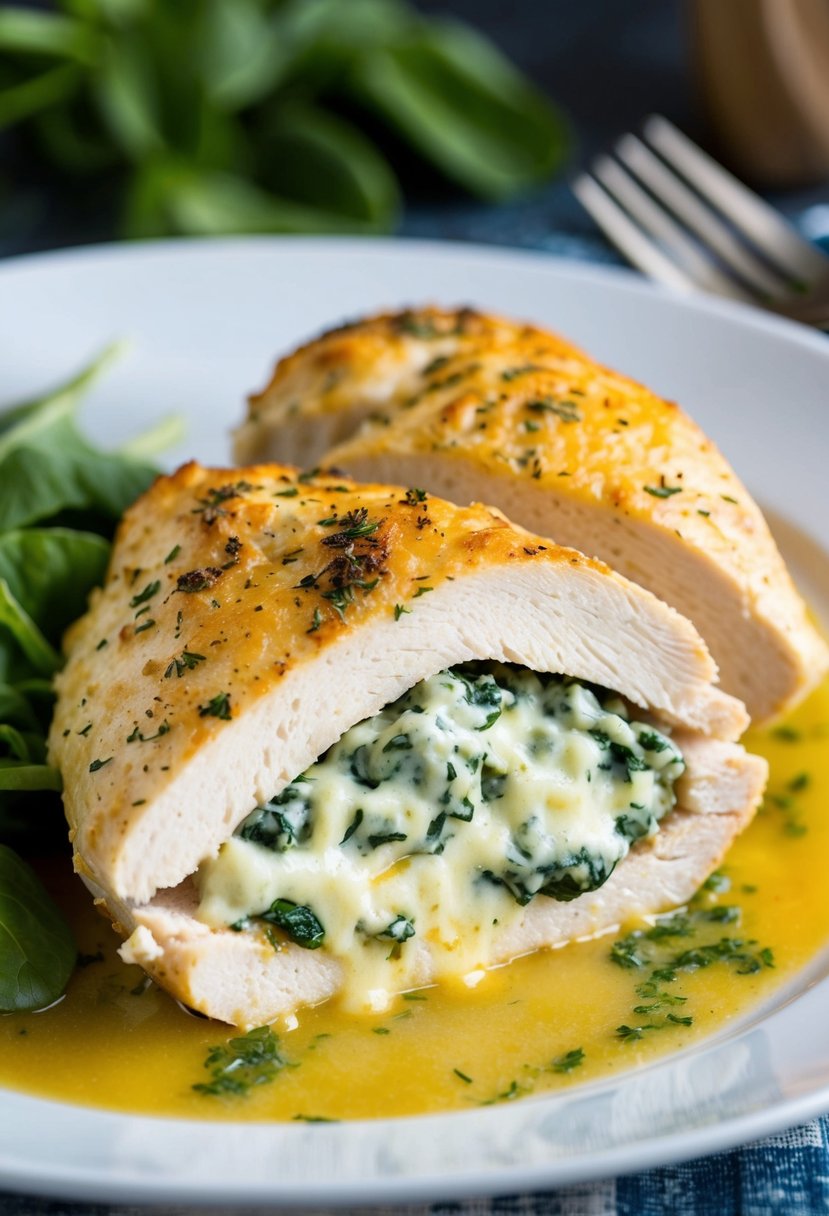 A plump chicken breast is sliced open and filled with a creamy spinach and cheese mixture, then baked to golden perfection