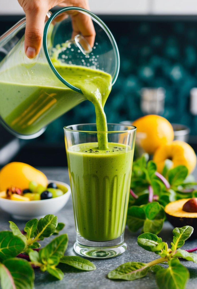 A vibrant green smoothie being poured into a glass surrounded by fresh purslane leaves, fruits, and a blender on a kitchen counter