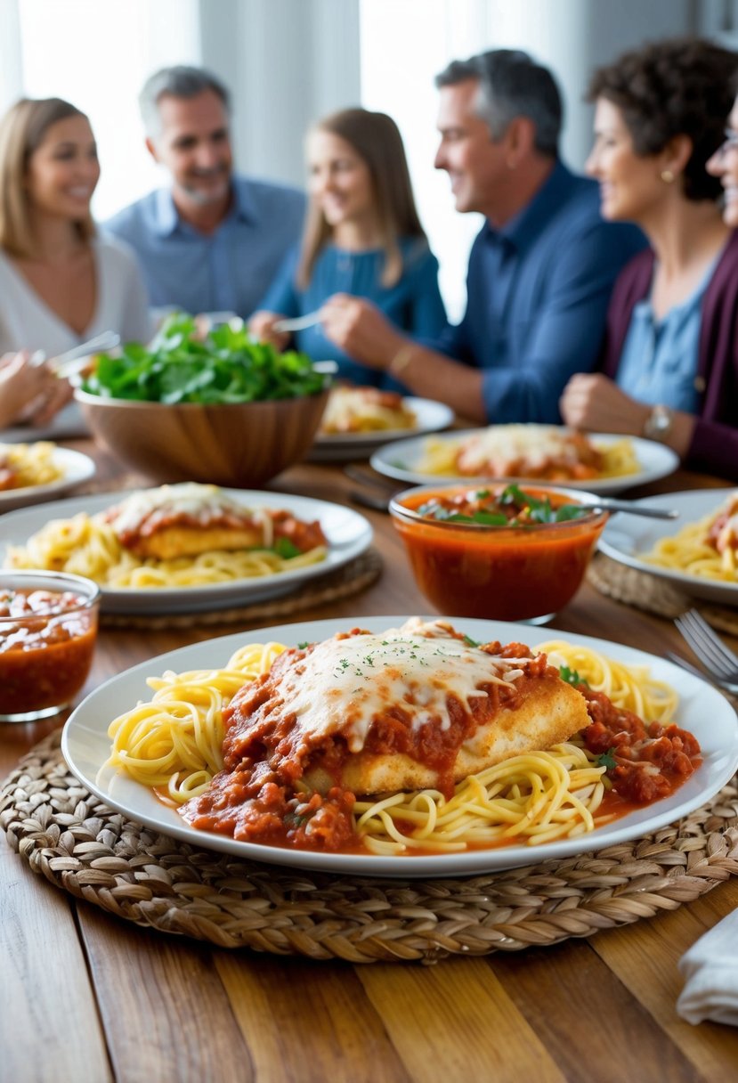 A platter of golden-brown chicken Parmesan served with spaghetti and marinara sauce, surrounded by a family gathering at the dinner table