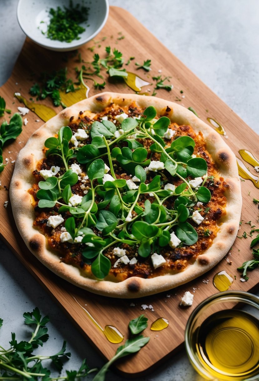 A rustic pizza topped with fresh purslane and crumbled feta, set on a wooden cutting board with scattered herbs and a drizzle of olive oil