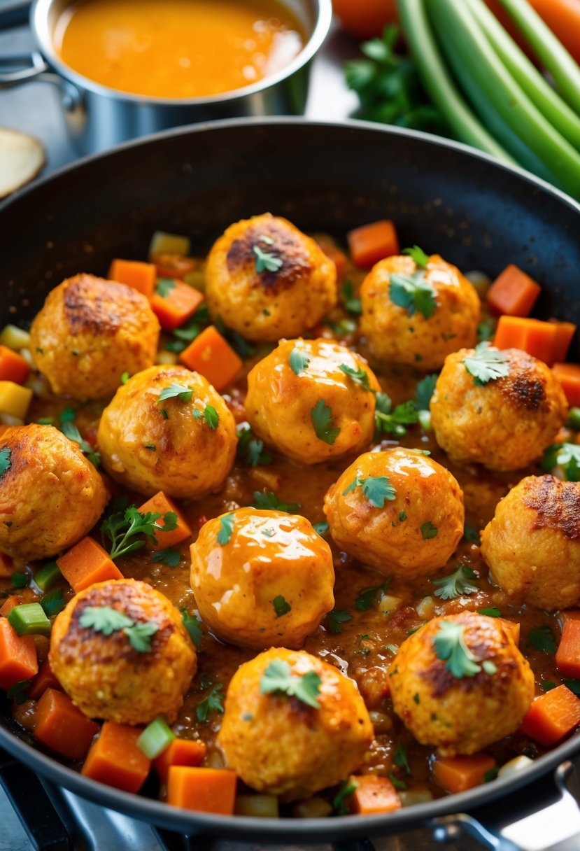 Buffalo chicken meatballs sizzling in a skillet, surrounded by colorful vegetables and a bubbling pot of sauce on the stove