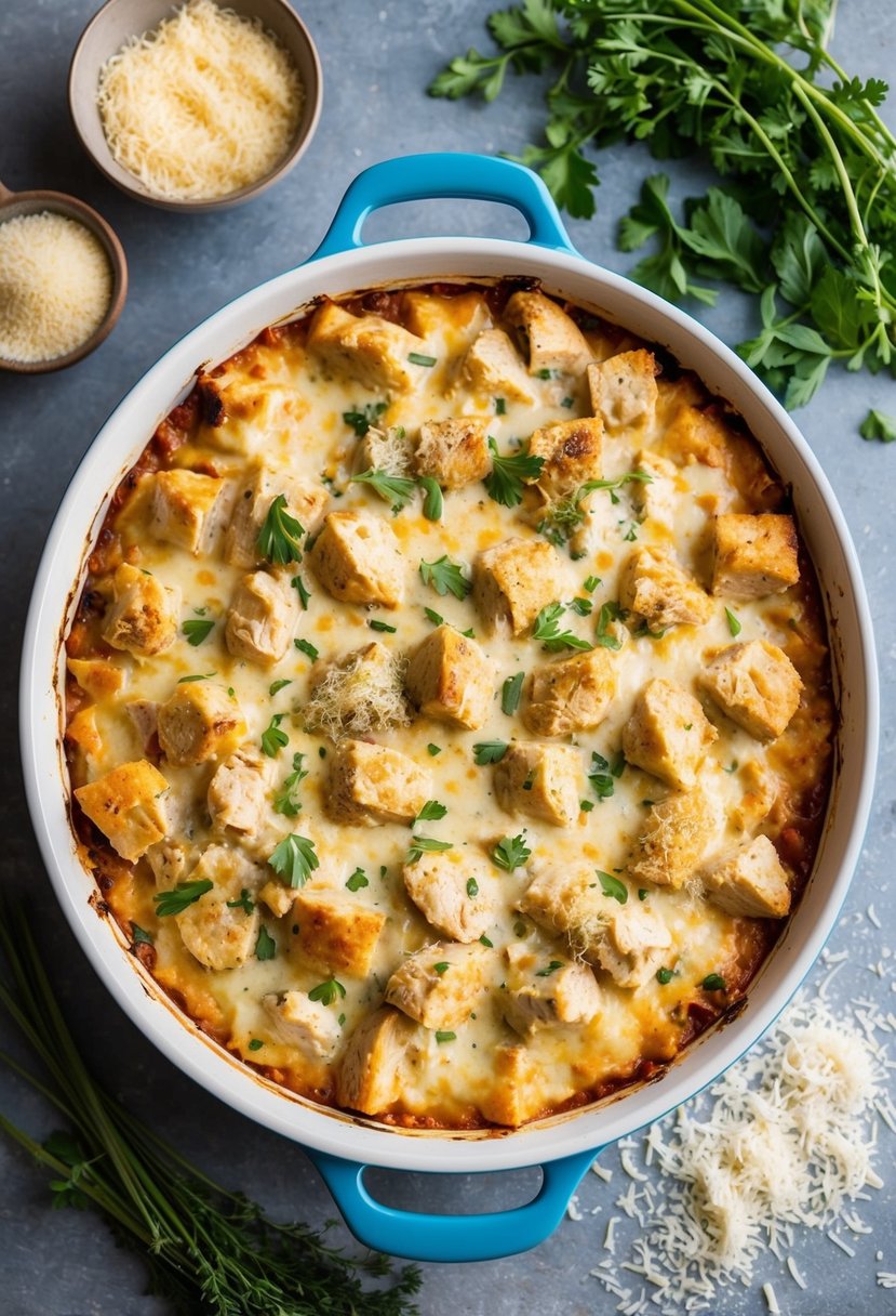 A bubbling casserole dish filled with creamy chicken alfredo bake, surrounded by fresh herbs and a scattering of grated parmesan cheese