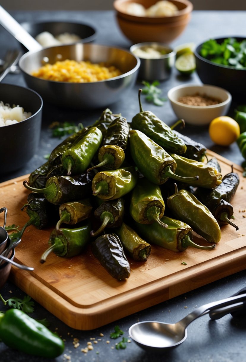 A pile of roasted hatch green chiles on a cutting board, surrounded by various cooking ingredients and utensils