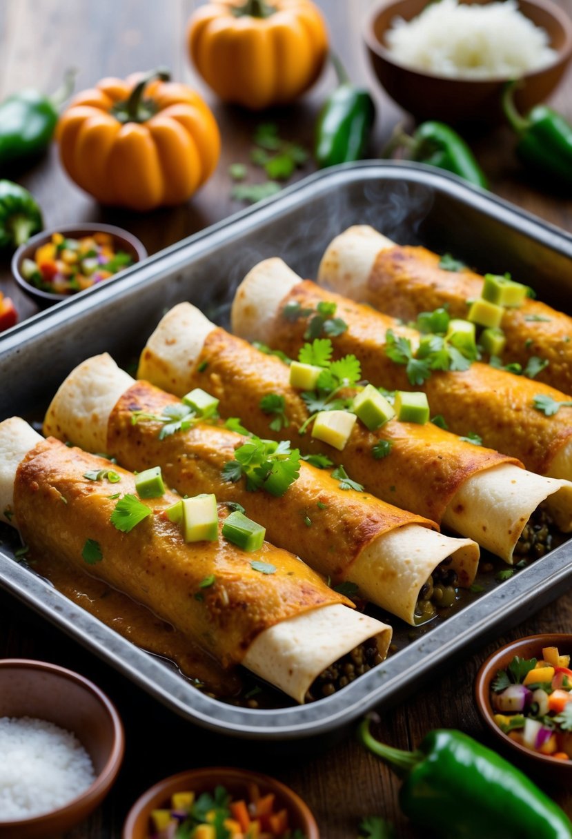 A steaming tray of hatch green chile enchiladas, surrounded by roasted chiles and colorful ingredients