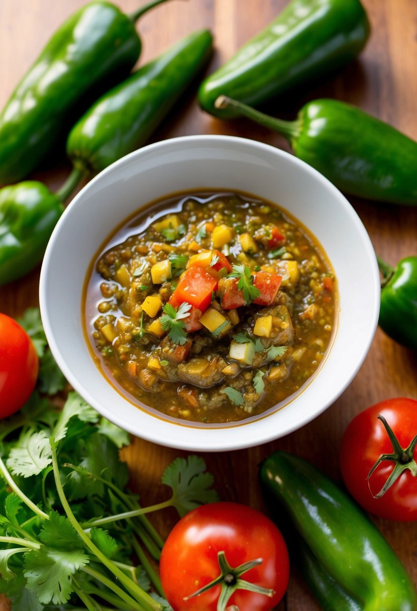 A bowl of freshly made roasted Hatch Chile Salsa, surrounded by whole roasted hatch green chiles, cilantro, and tomatoes