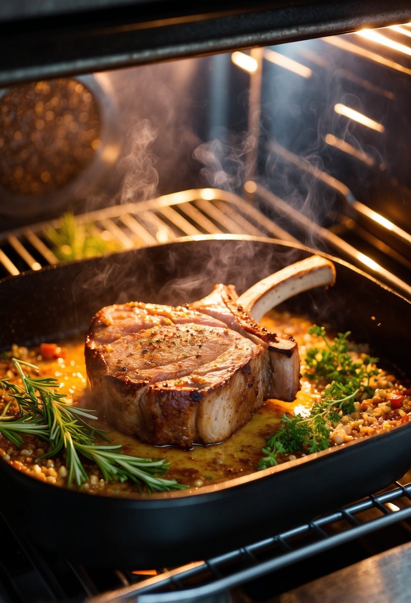 A juicy sirloin chop sizzles in a hot oven, surrounded by aromatic herbs and spices