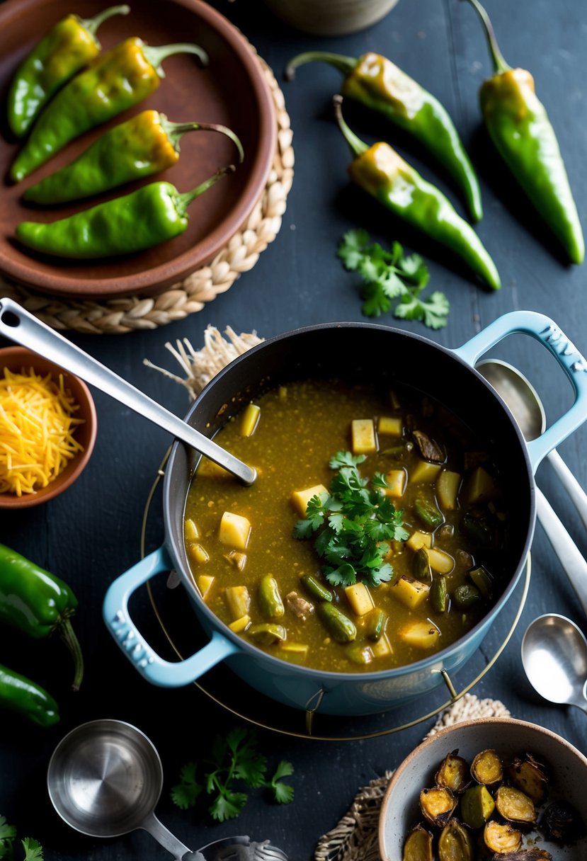 A pot simmering with Hatch Green Chile Stew, surrounded by roasted hatch green chiles and various cooking utensils