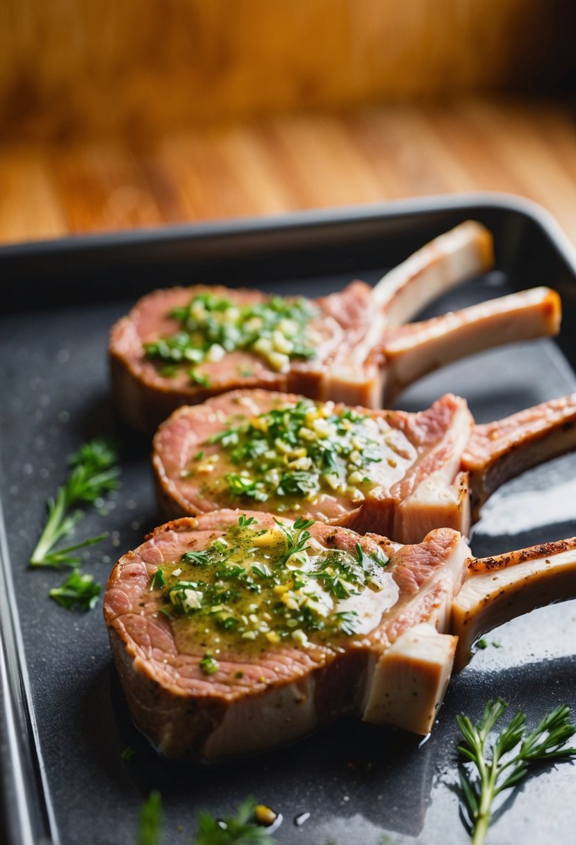 Sirloin chops marinating in garlic herb marinade, ready to be cooked in the oven