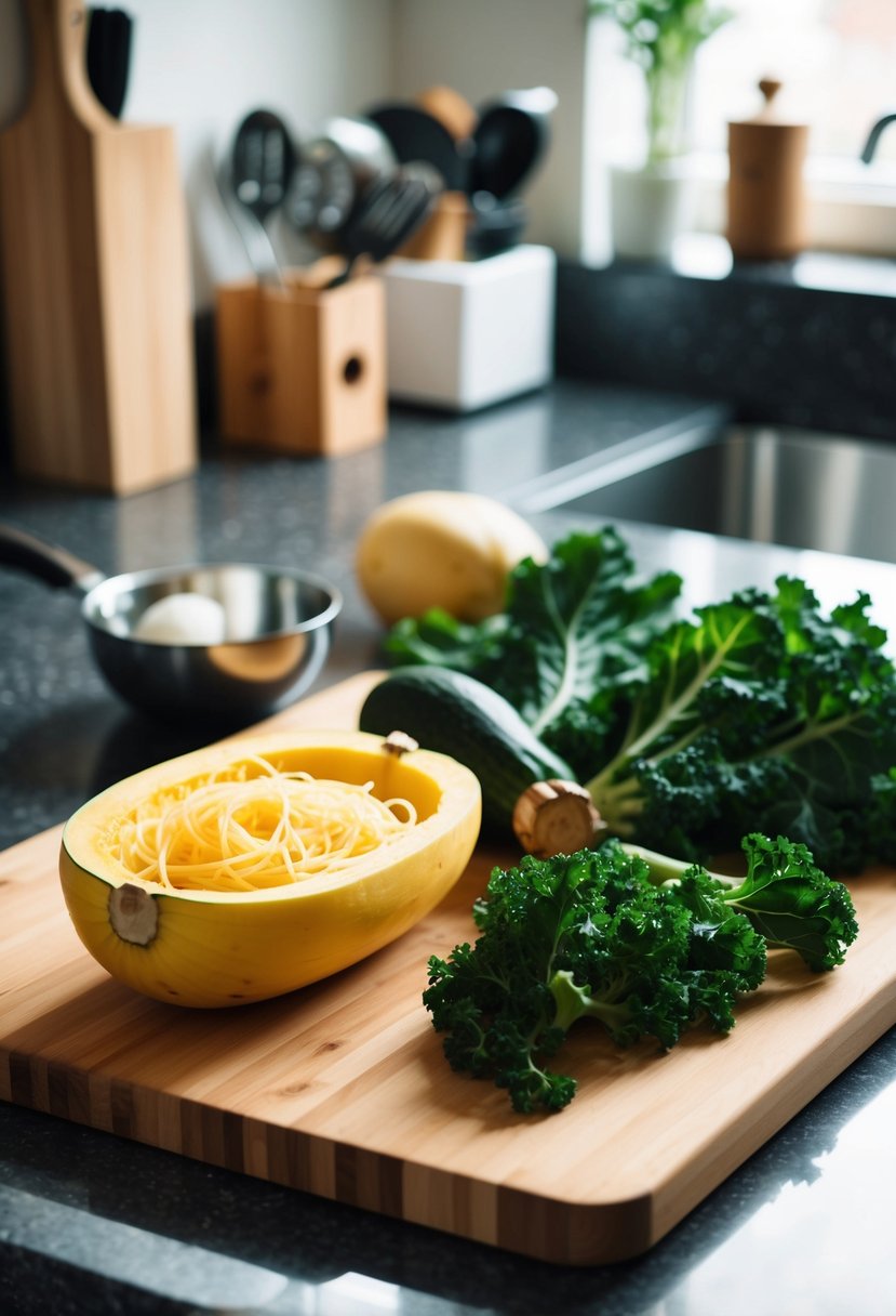 A wooden cutting board with spaghetti squash, kale, and various cooking utensils on a kitchen counter