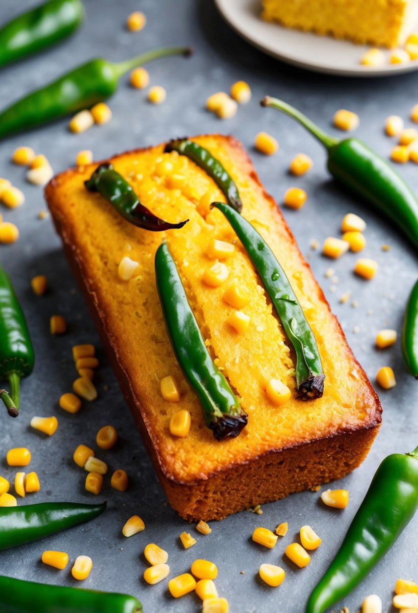 A golden loaf of cornbread studded with roasted hatch green chiles, surrounded by a scattering of fresh chiles and corn kernels