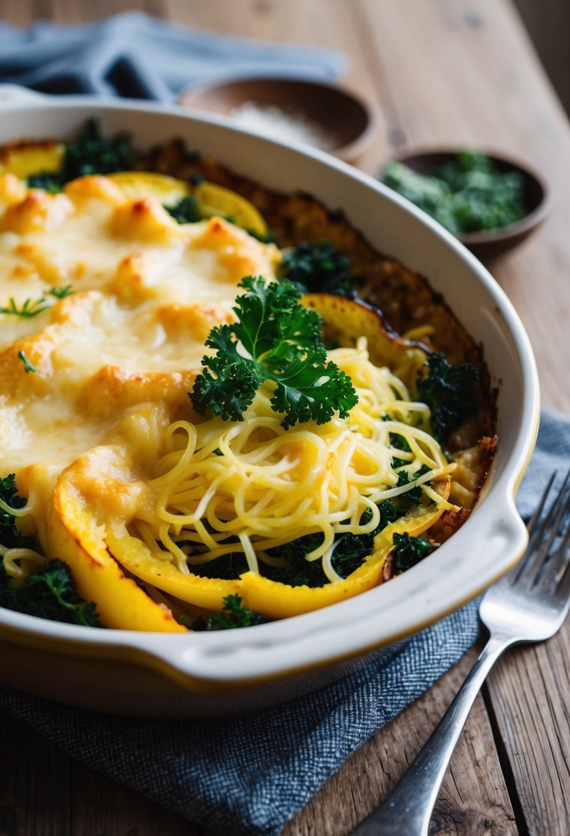 A bubbling gratin dish with layers of spaghetti squash, kale, and melted cheese, sitting on a rustic wooden table