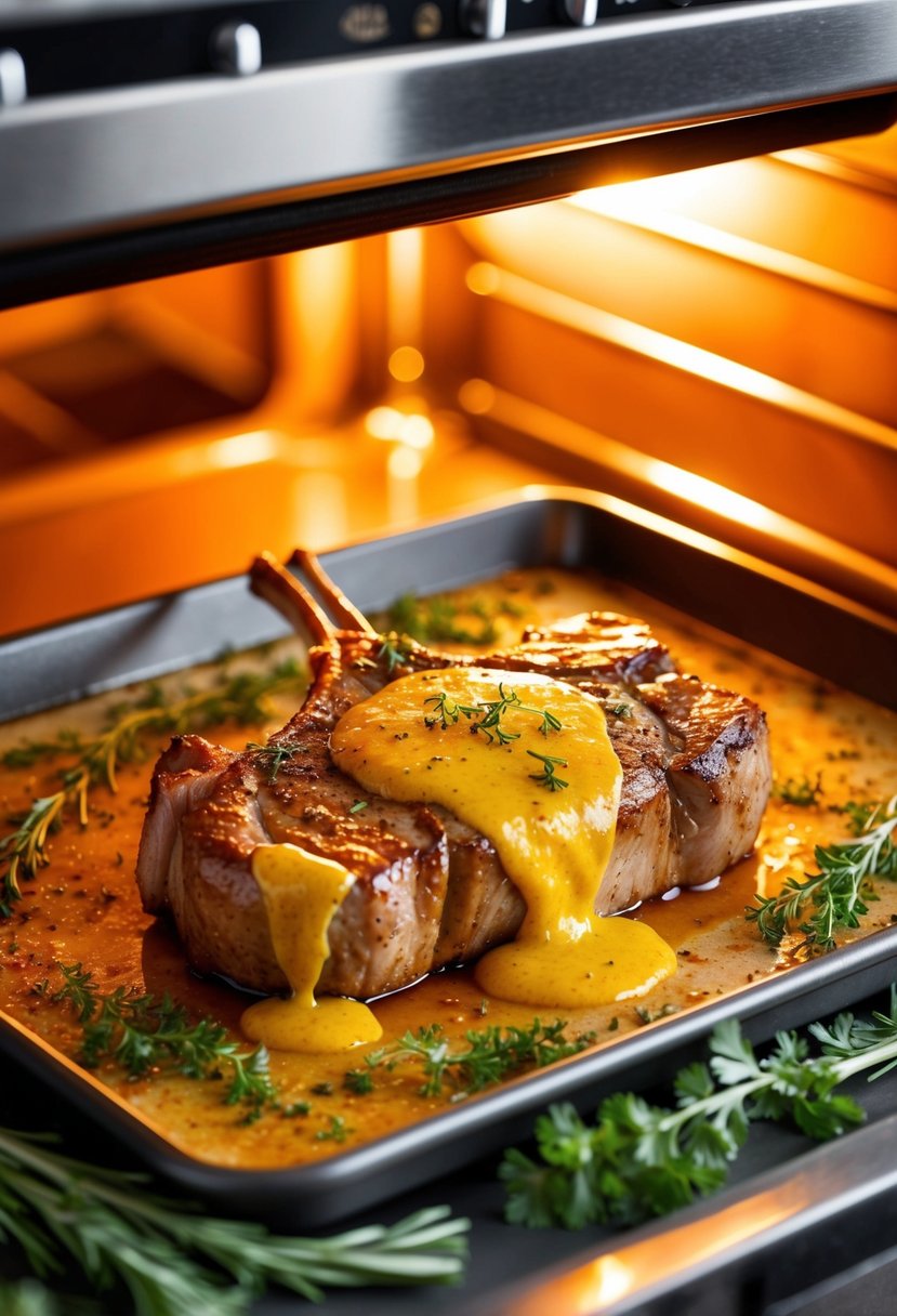 A juicy sirloin chop coated in honey mustard glaze sits on a baking sheet, surrounded by fresh herbs and spices. The oven door is open, emitting a warm, golden glow