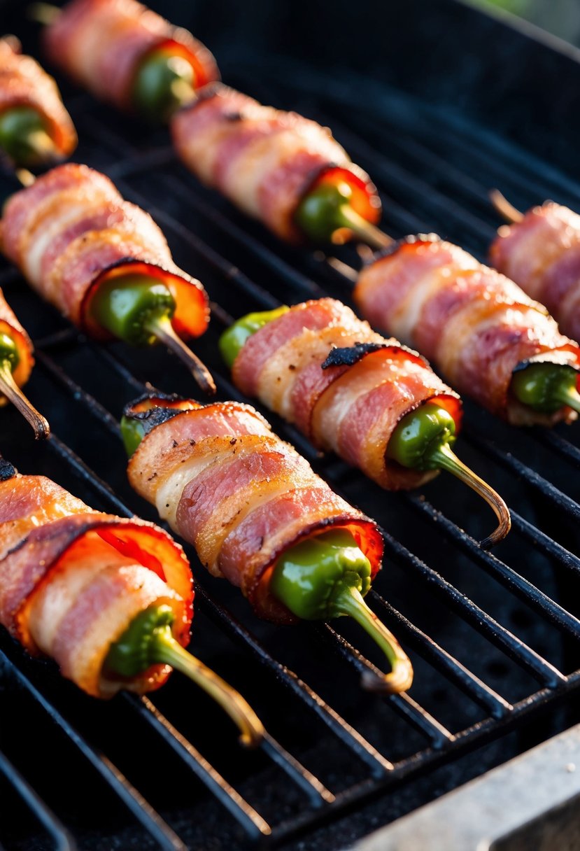 Bacon-wrapped hatch chile poppers on a sizzling grill, with the green chiles charred and the bacon crispy