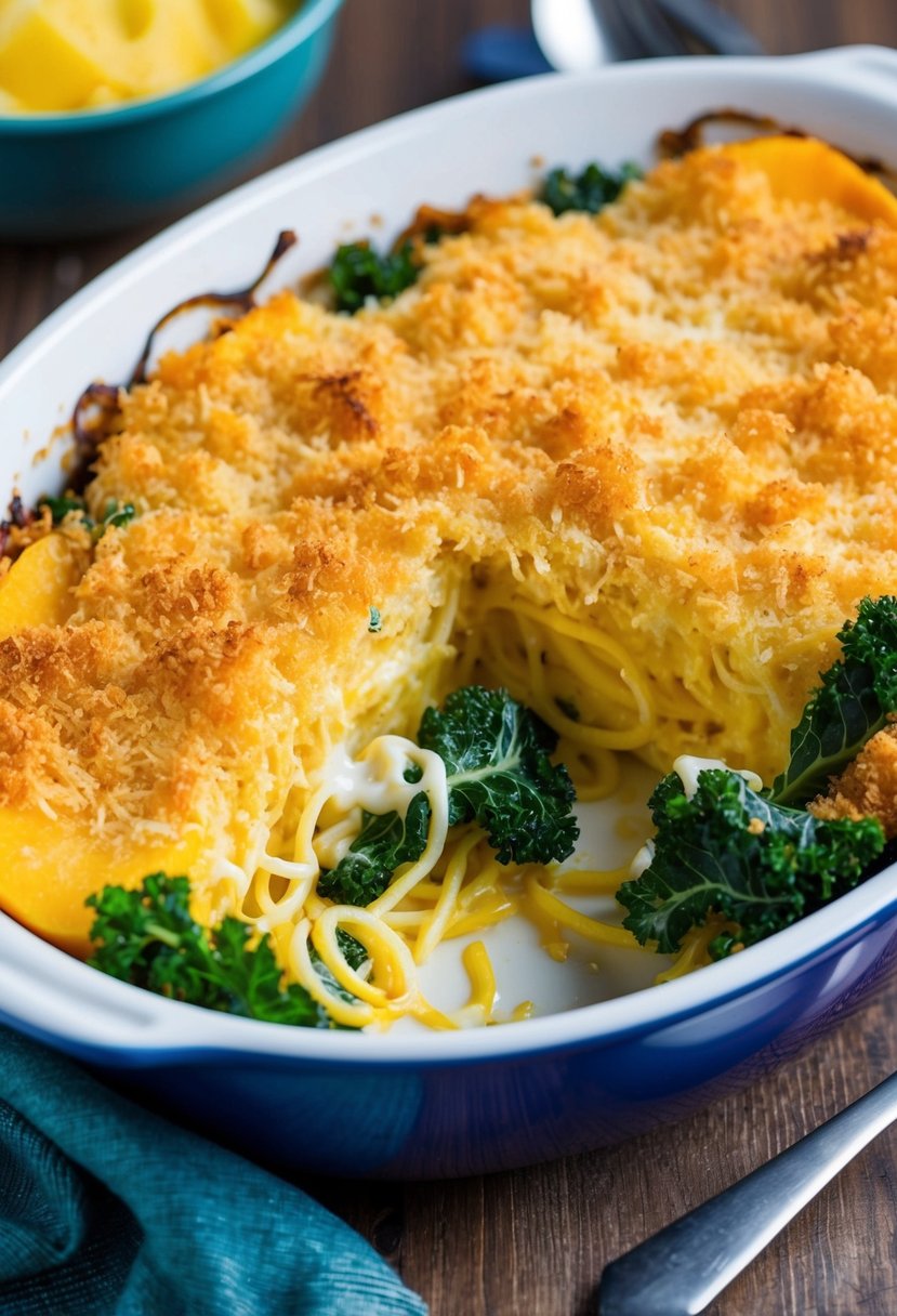 A colorful casserole dish filled with roasted spaghetti squash, sautéed kale, and a creamy cheese sauce, topped with a golden breadcrumb crust