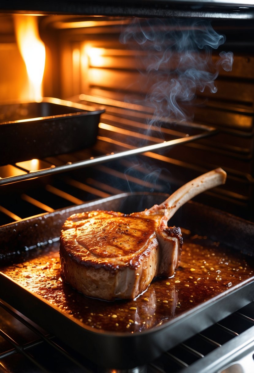 A sizzling sirloin chop cooks in the oven, coated in a rich balsamic glaze, emitting a mouthwatering aroma