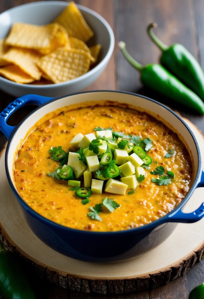 A bubbling pot of queso dip with roasted hatch green chiles