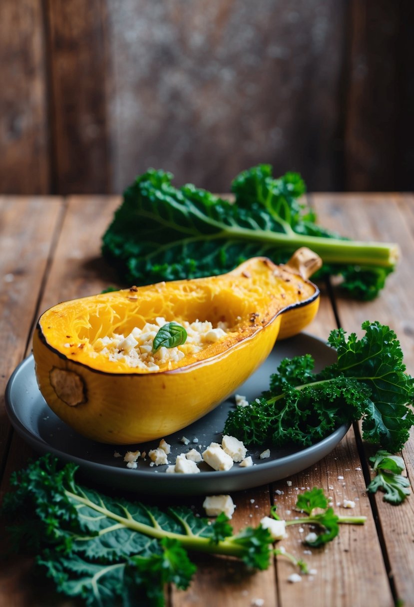 A golden roasted spaghetti squash sits on a rustic wooden table, surrounded by vibrant green kale leaves and crumbled feta cheese