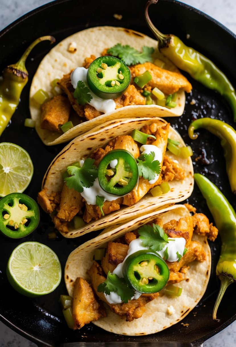 A sizzling skillet of chicken tacos topped with roasted hatch green chiles and other fresh ingredients