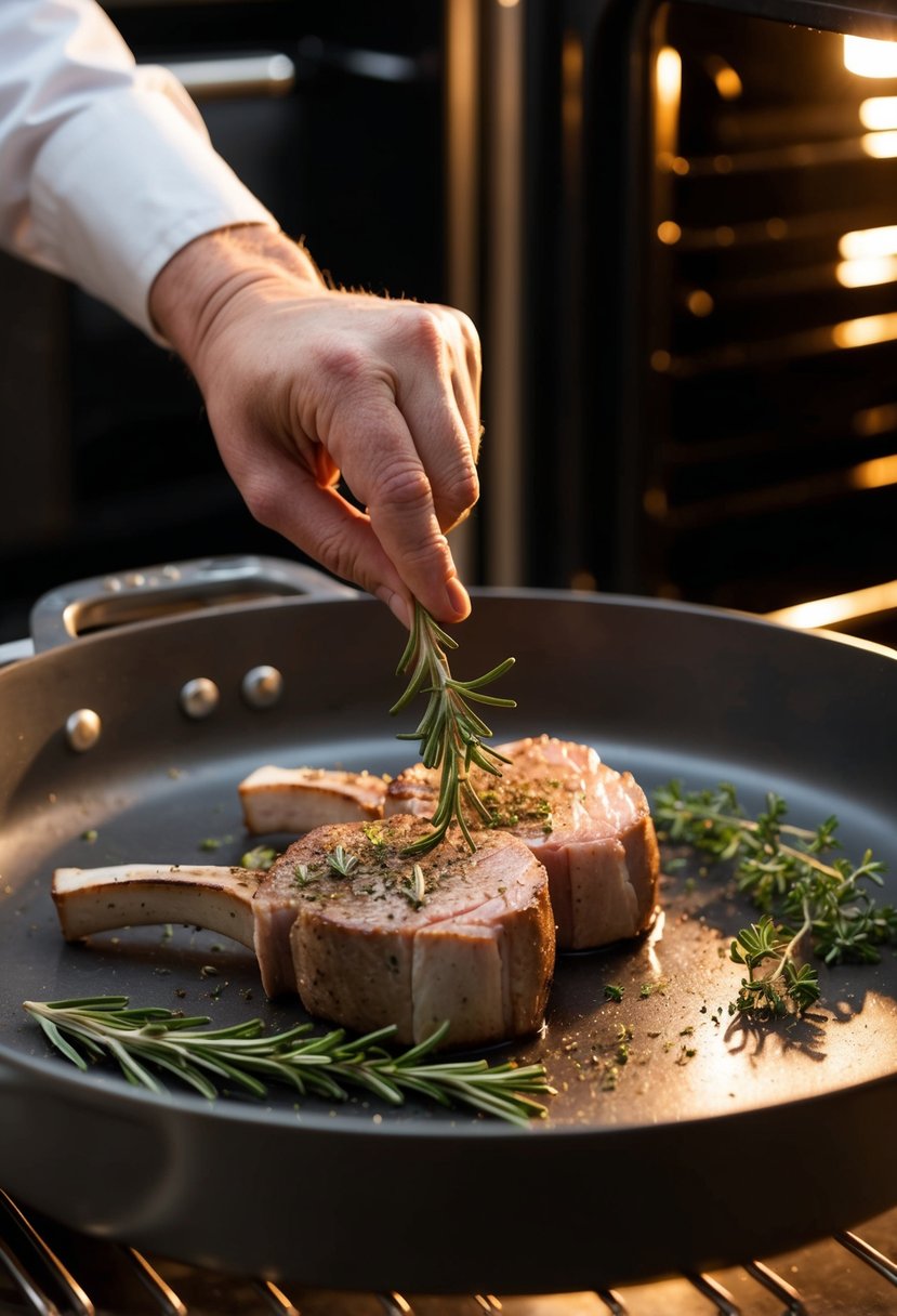 Sirloin chops being rubbed with rosemary and thyme, then placed in the oven