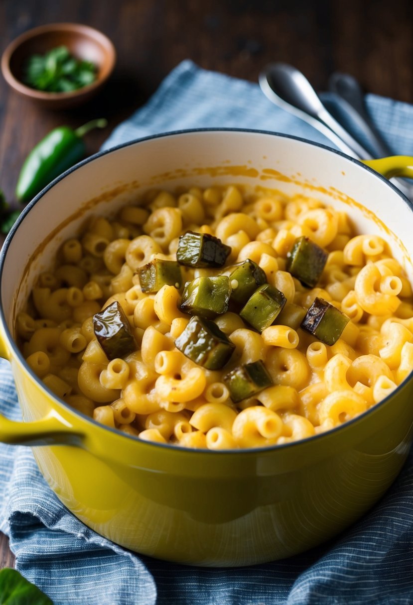 A bubbling pot of mac and cheese with chunks of roasted hatch green chiles scattered on top