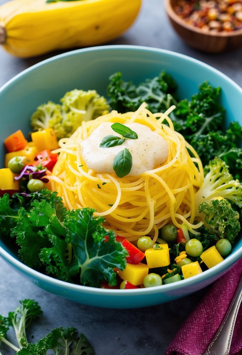 A colorful bowl filled with spaghetti squash, kale, and other vibrant vegetables, topped with a light, flavorful sauce