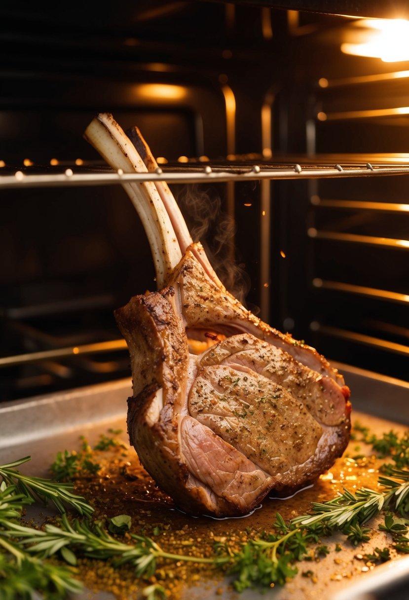 A sizzling sirloin chop roasting in a hot oven, surrounded by herbs and spices