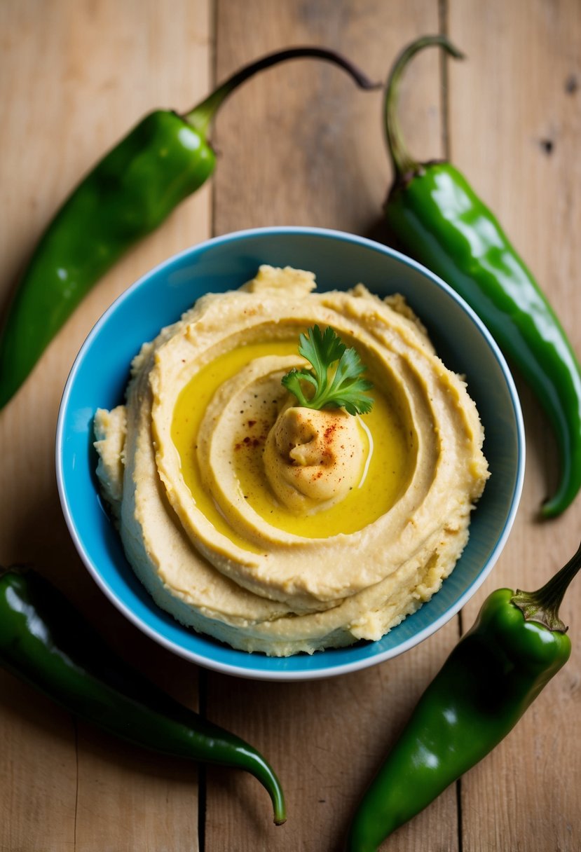 A bowl of creamy Hatch Chile Hummus surrounded by roasted hatch green chiles