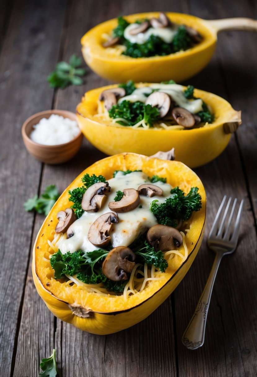 A halved spaghetti squash filled with sautéed kale and mushrooms, topped with melted cheese, on a rustic wooden table