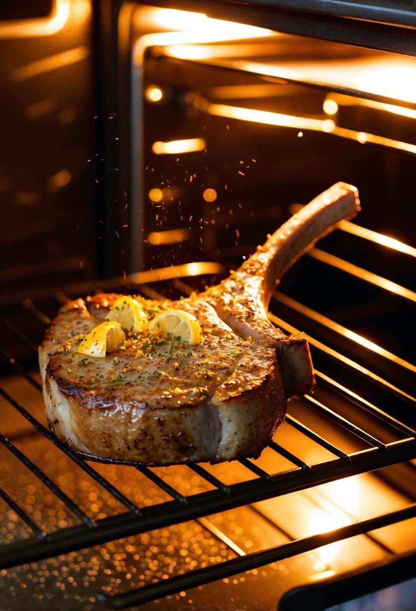 A sizzling sirloin chop seasoned with zesty lemon pepper roasting in a hot oven