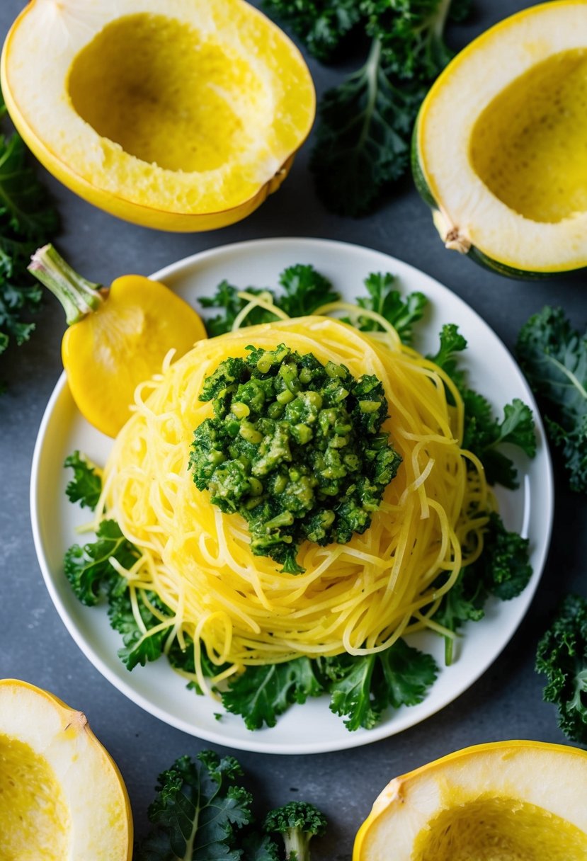 A steaming plate of spaghetti squash topped with vibrant green garlic kale pesto, surrounded by fresh kale leaves and squash halves