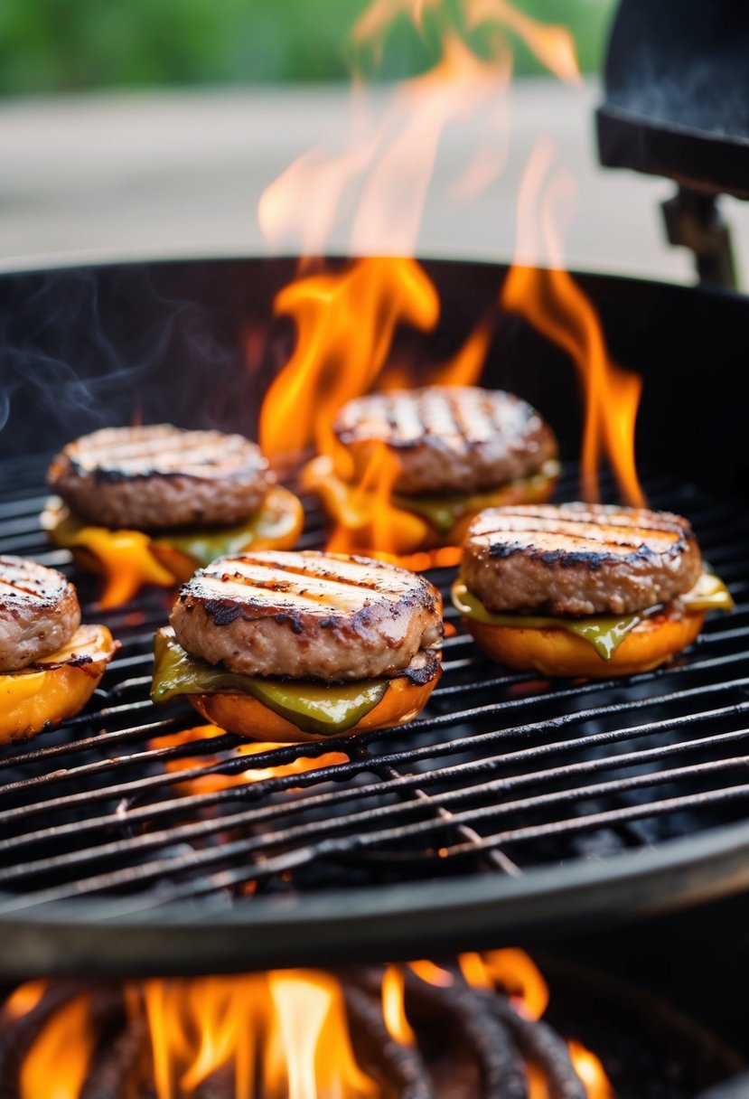 A sizzling grill with juicy hatch chile burgers cooking over the open flames. The aroma of roasted chiles fills the air