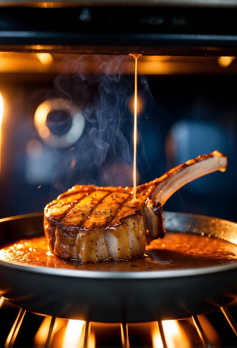 A juicy sirloin chop sizzling in a maple soy glaze in a hot oven